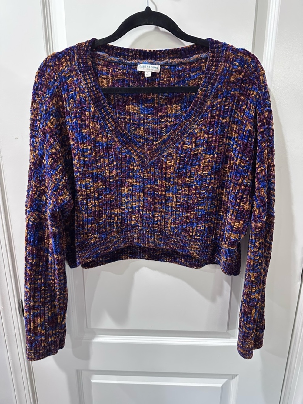 Earthbound Trading Co. Multicolor Chenille V-Neck Crop Sweater - Size Large